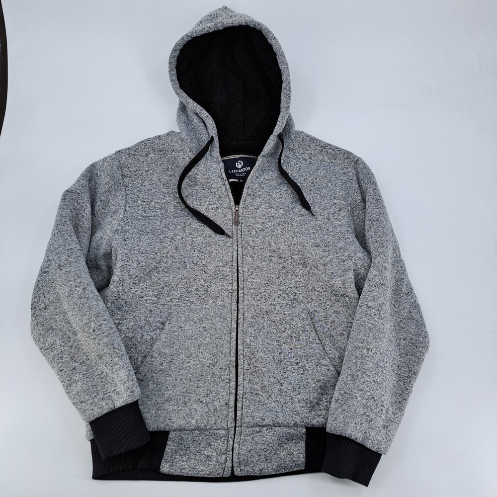 Leehanton Zip Up Hoodie Mens Medium Cotton Poly Grey Marled Sherpa Lined Warm